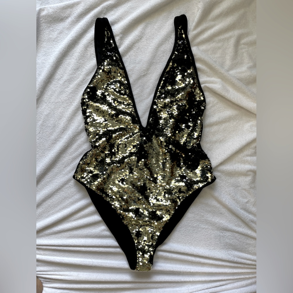 Luxe Gold Magic Sequin Deep V One Piece Swimsuit ASOS